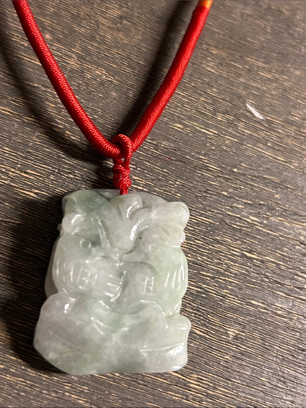 Green Jade Pair of Peasants Pendant Necklace with Red Cord